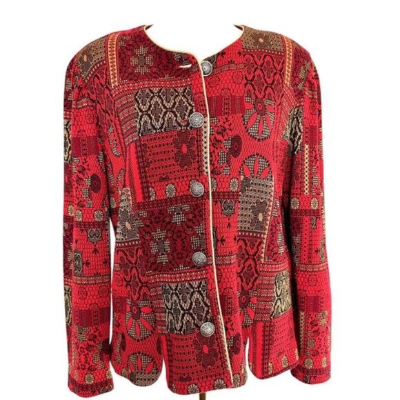 Vintage Tapestry Blazer Jacket Red Gold Statement Button Size 12 Made in USA - Picture 1 of 6